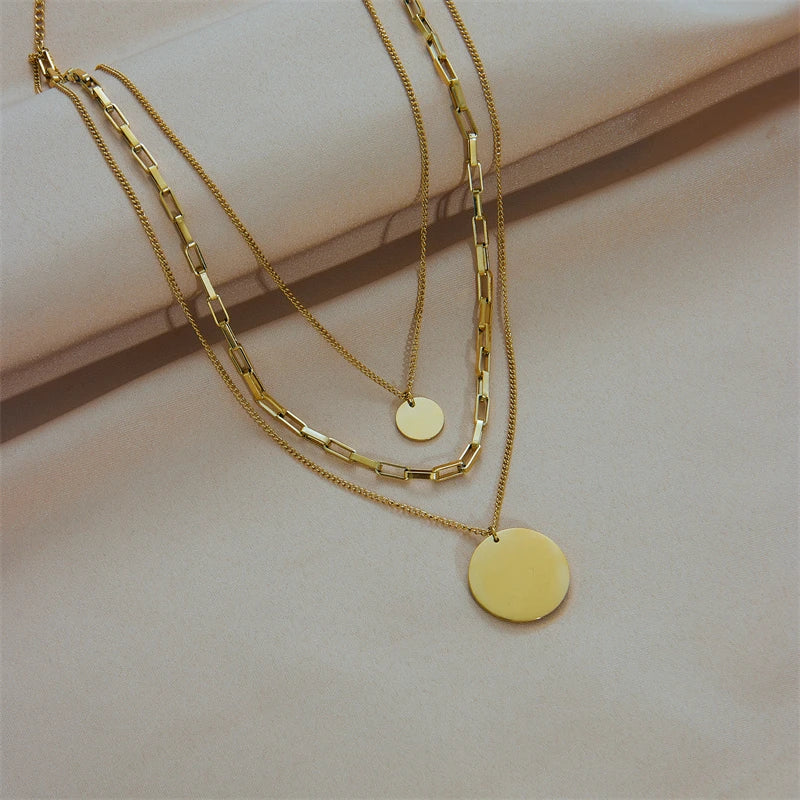 Elegante Colar 3 em 1 – Banhado a Ouro 18K, Pingente Redondo Multicamadas, Moda Feminina