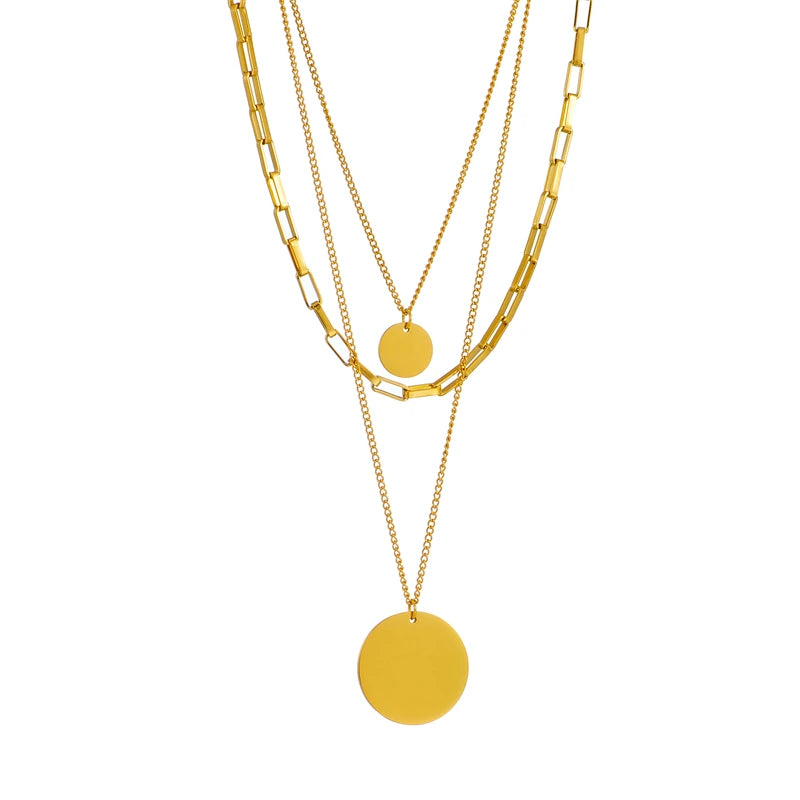 Elegante Colar 3 em 1 – Banhado a Ouro 18K, Pingente Redondo Multicamadas, Moda Feminina