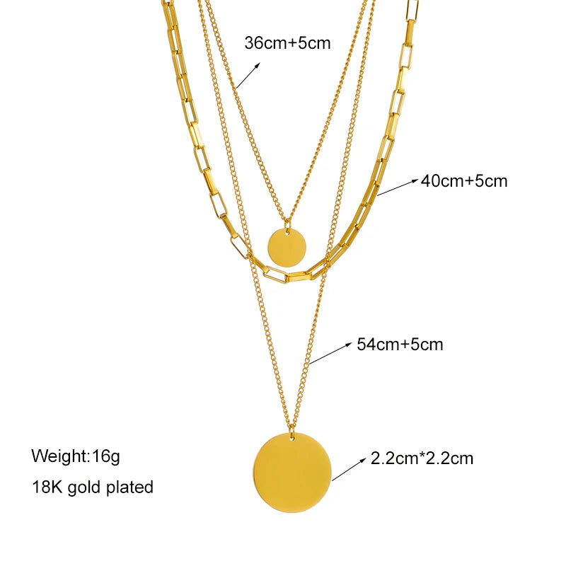 Elegante Colar 3 em 1 – Banhado a Ouro 18K, Pingente Redondo Multicamadas, Moda Feminina