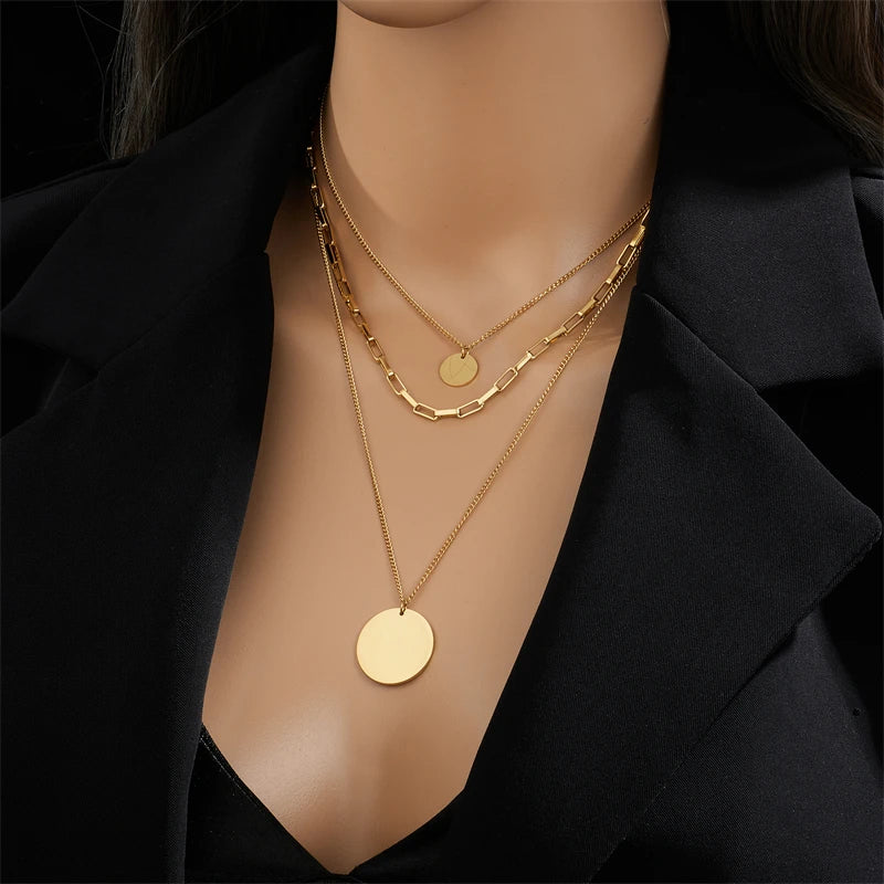 Elegante Colar 3 em 1 – Banhado a Ouro 18K, Pingente Redondo Multicamadas, Moda Feminina