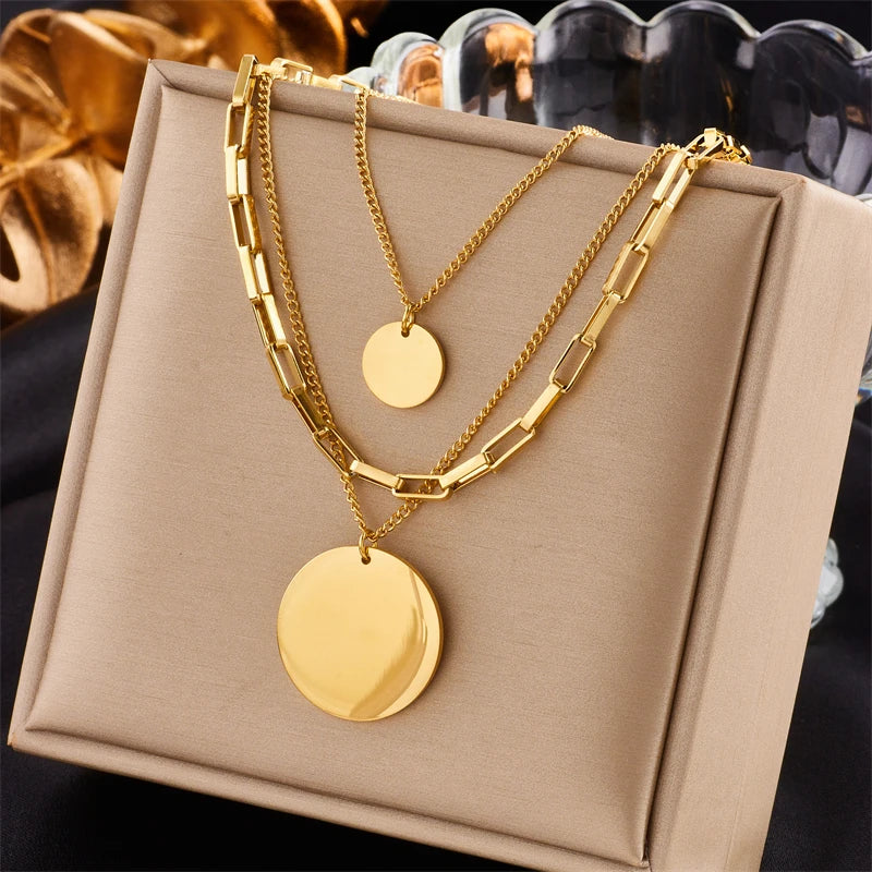 Elegante Colar 3 em 1 – Banhado a Ouro 18K, Pingente Redondo Multicamadas, Moda Feminina